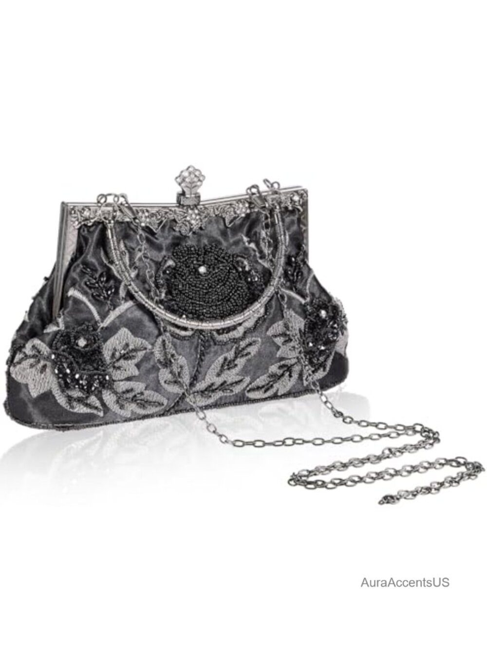 Embroidered Beaded Clutch with Crossbody Chain